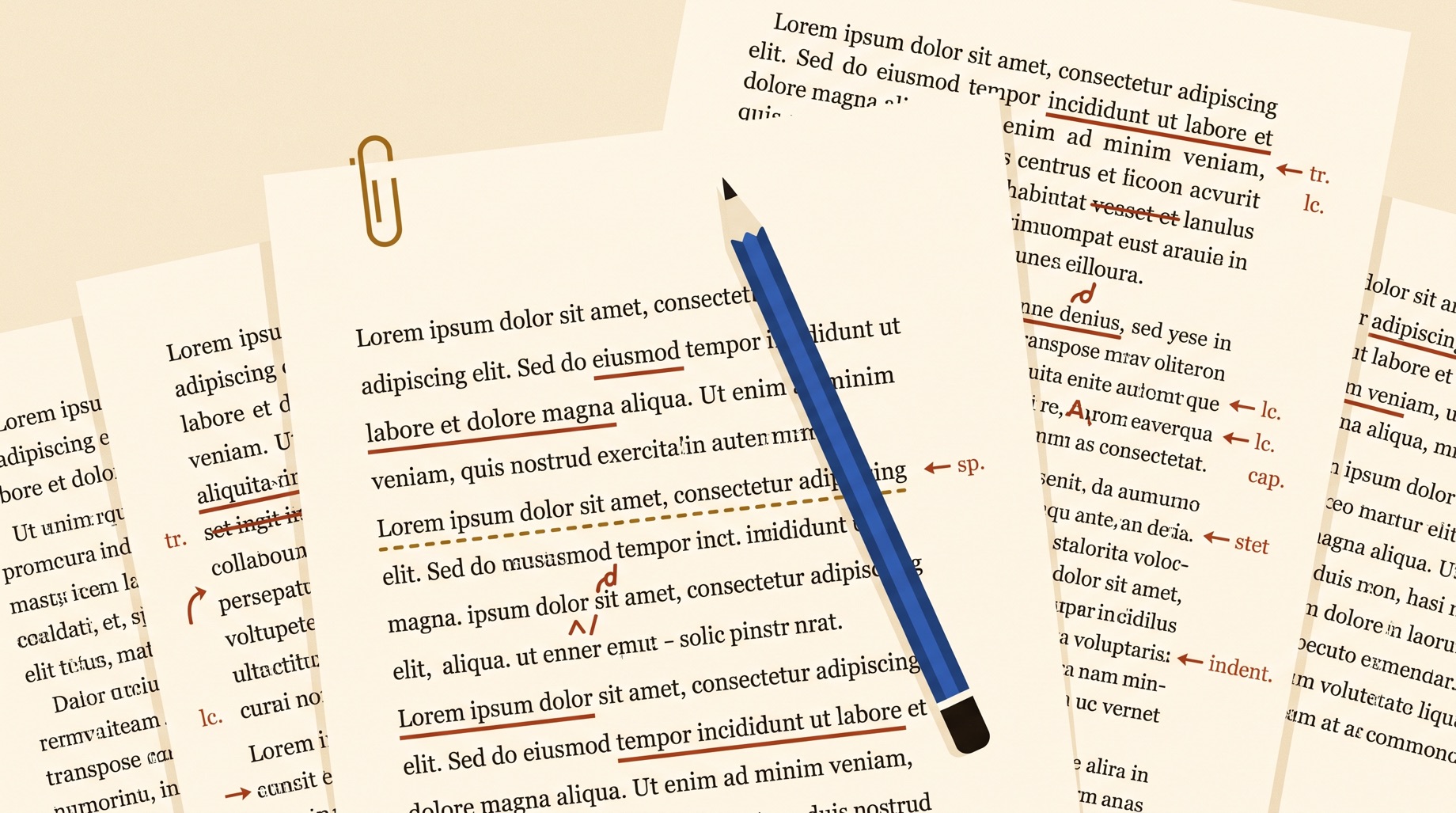 Editorial illustration of a copy editor's desk: galley proofs with red and ochre proofing marks and a blue editing pencil